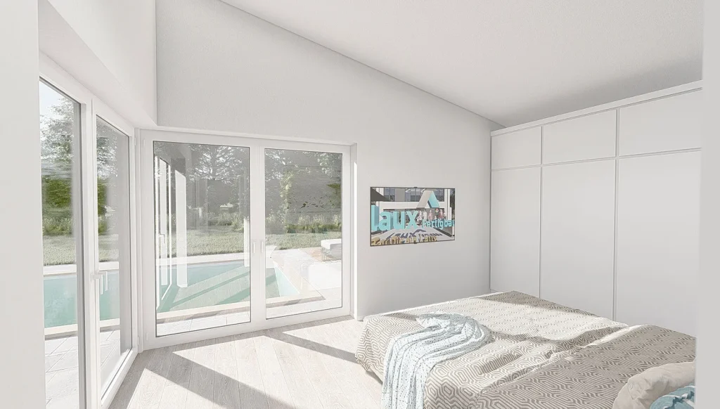 Bungalow Atrium - Schlafzimmer mit Ausblick auf den Garten