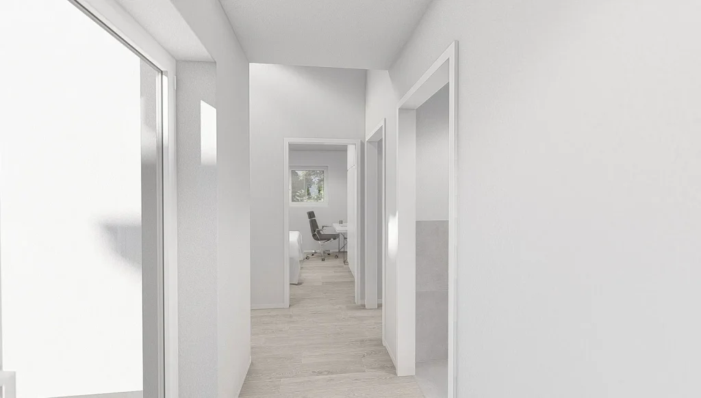 Bungalow Atrium - Flur mit Blick auf Büro